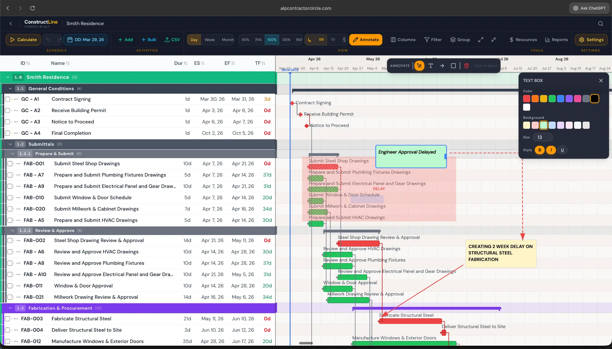 ConstructLine CPM Scheduler — Schedule annotations with text boxes, arrows, and shading to highlight delays and critical issues