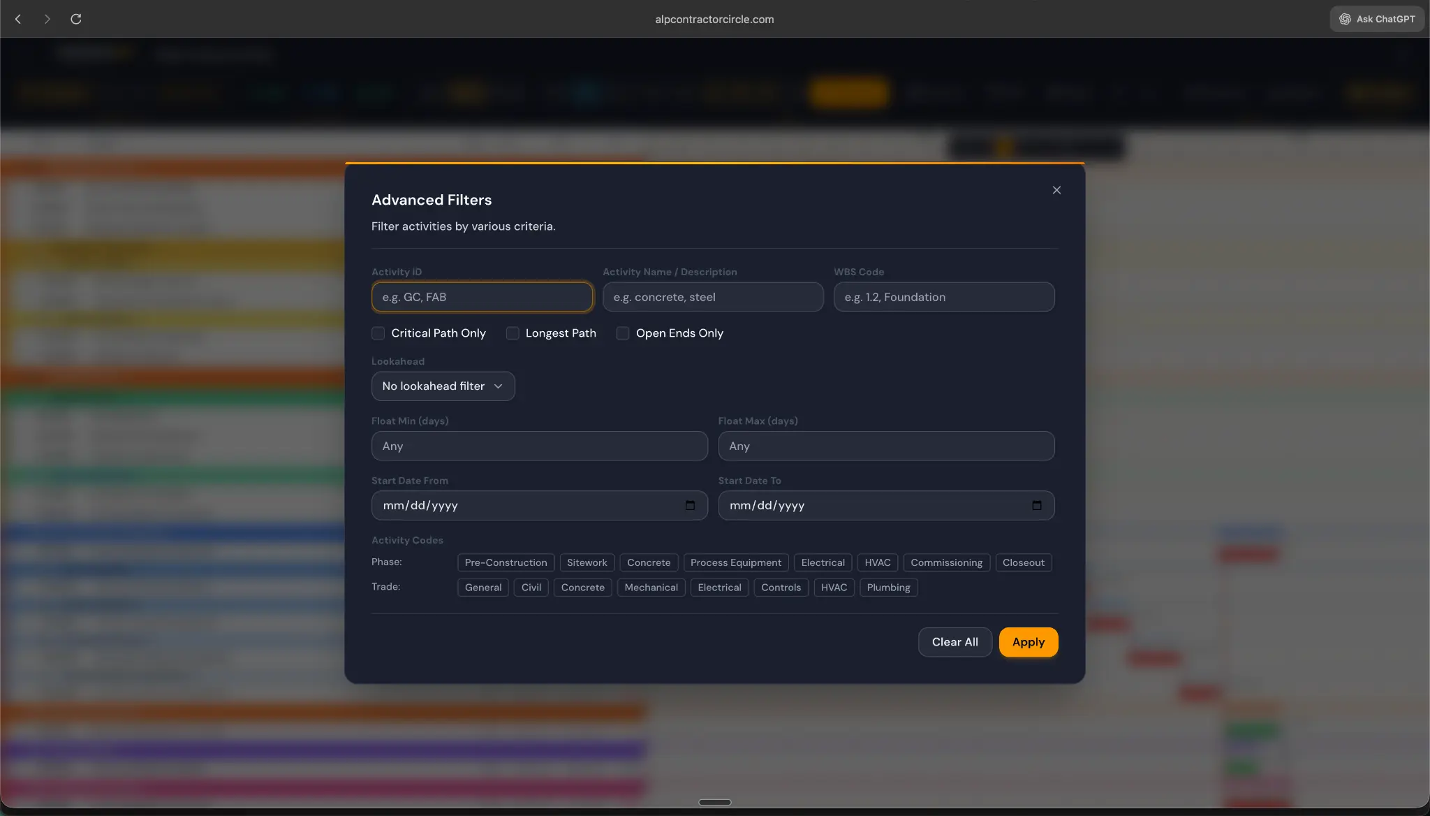 Advanced Filters — filter by activity ID, WBS, critical path, float, dates, and activity codes