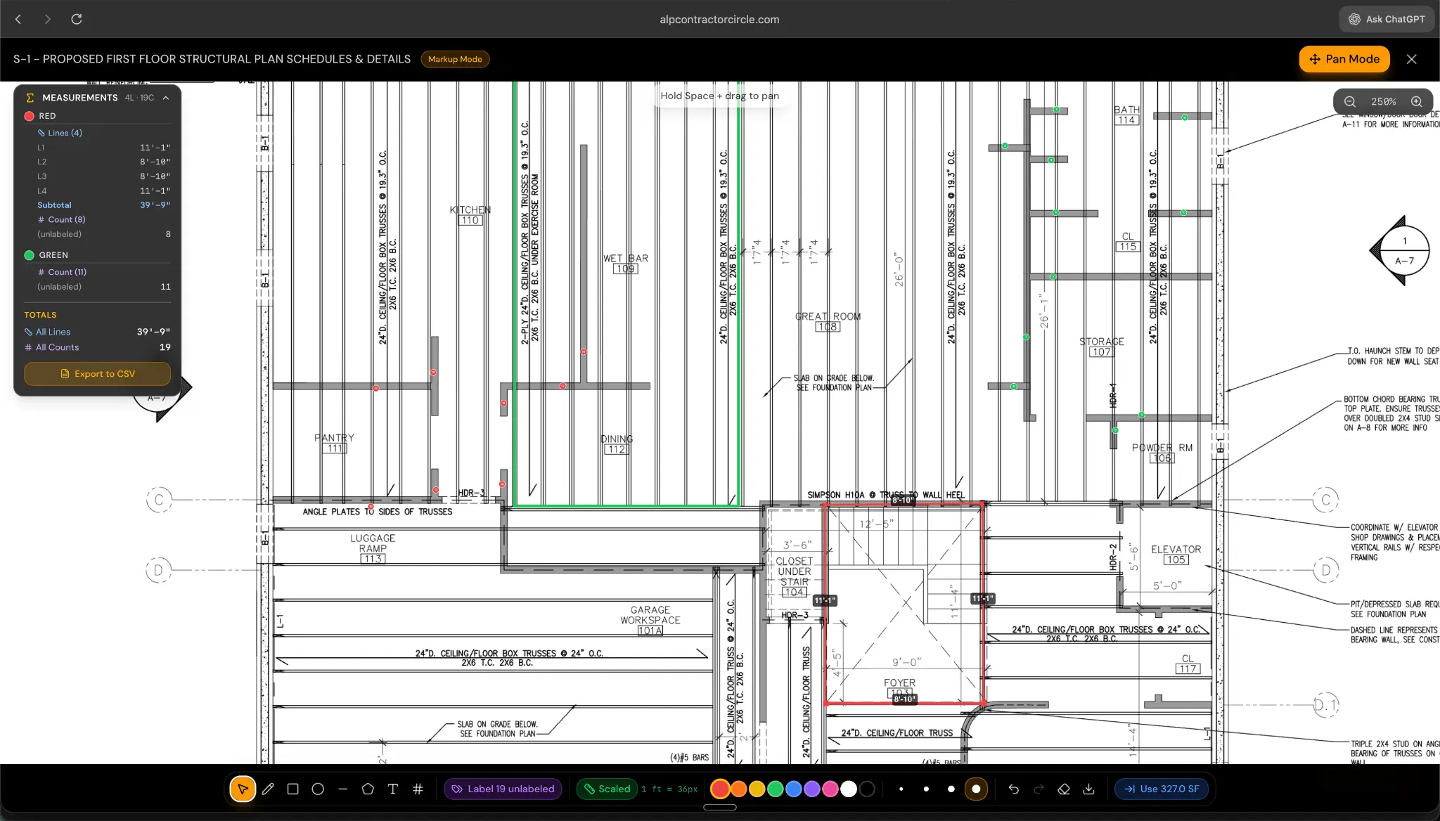 On-plan measurement tool — draw lines, areas, and counts directly on blueprints